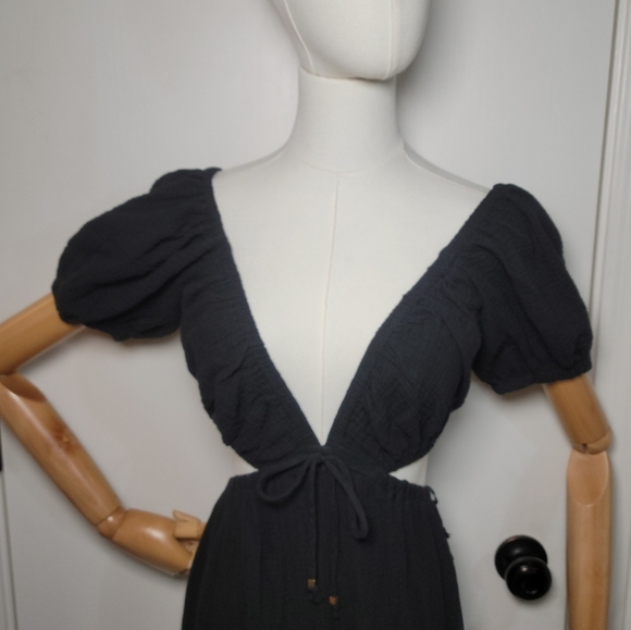 ASTR The Label Black Cotton Wide-Leg 100% Cotton Jumpsuit Size Small Puff Sleeve - Picture 5 of 13